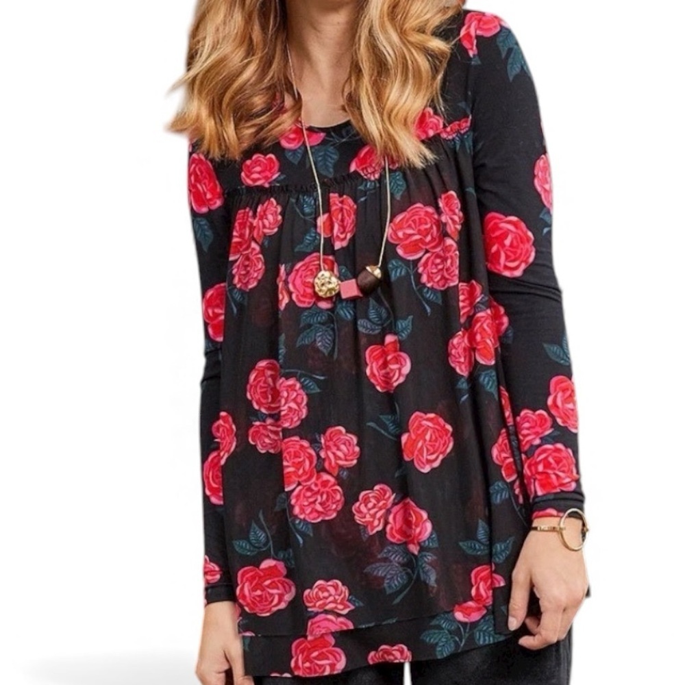 Matilda Jane Floral Babydoll Winter Blooms Top Black Red/Pink Roses Size S